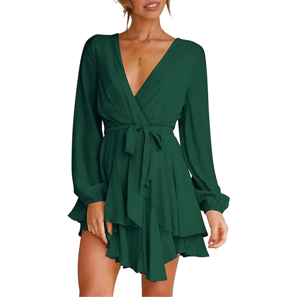 Cosonsen Green Women's Dress Deep V-Neck Long Sleeve Waist Tie Ruffle Dress